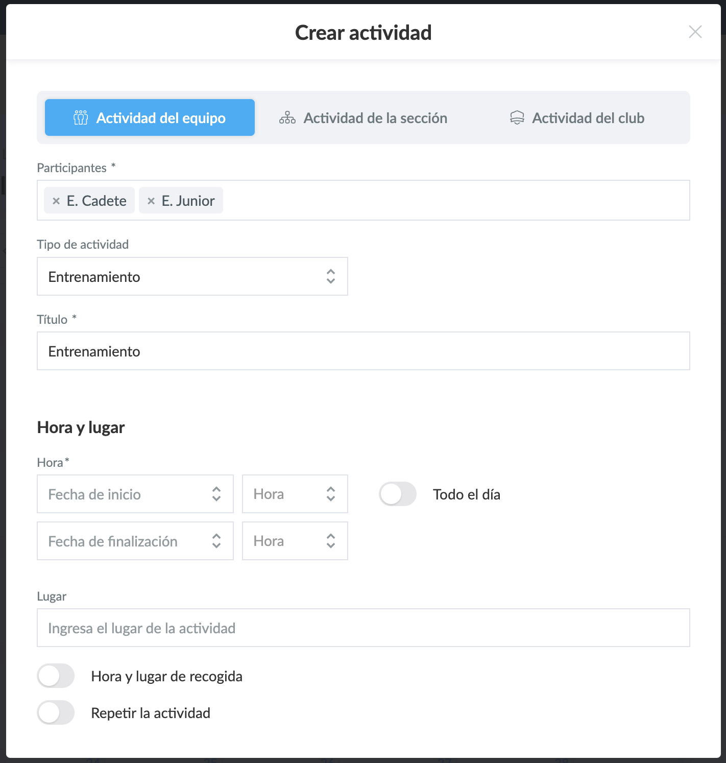 Crear actividades para varios equipos Crear actividades para varios equipos